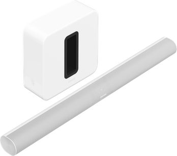 Weiße Sonos ARC Soundbar und weißer SUB (Gen 3) Subwoofer, Frontansicht auf weißem Hintergrund