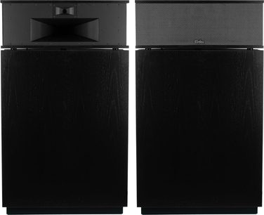 To Klipsch Klipschorn AK6 gulvhøjttalere i sort, front, runde højttalerenheder, træ kabinet, horn tweeter