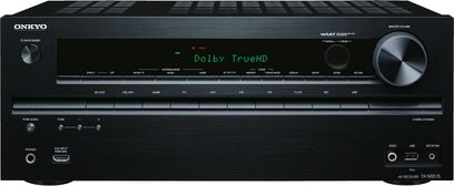 Onkyo TX-NR515 sort hjemmebiografsforstærker, frontpanel med display, knapper og drejeknapper, USB- og HDMI-porte, set forfra på sort baggrund