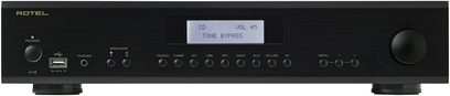 Rotel A-14 sort hi-fi stereoforstærker, frontvisning, display "CD VOL 45 TONE BYPASS", frontknapper og -stik