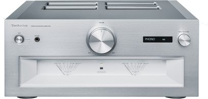 Technics SU-R1000E-S Silver Stereo Hi-Fi Amplifier, front view, facade with buttons, knobs, display, and headphone jacks