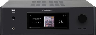Front view of NAD T778 home theater amplifier, display showing "-75 dB", USB and HDMI ports, control buttons, black rectangular chassis