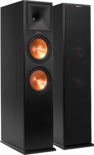 Klipsch RP-280F Standlautsprecher schwarz mit sichtbarem Lautsprecher und abnehmbarem Abdeckgitter in teilweiser Seitenansicht nebeneinander
