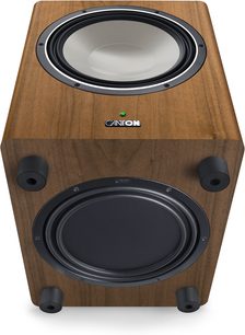 Canton Townus 12 Sub -subwoofer, pähkinäviilu, kaksoispyöreä kaiutinelementti, puukotelo mustilla jaloilla