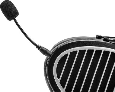 Hifiman Ananda BT sorte høretelefoner i sort, nærbillede af højre side, rund ørekop med metalgitter, fleksibel mikrofon