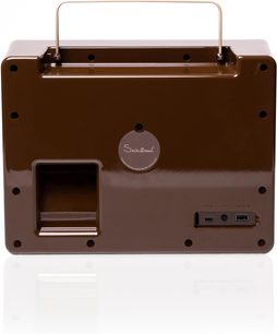 Bärbar Bluetooth-högtalare Tivoli SongBook, bakifrån, brun plastkåpa, USB-A- och USB-C-portar, metallhandtag