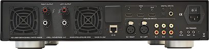 Krell Vanguard Digital sztereó hi-fi erősítő hátsó oldala, audio- és tápcsatlakozókkal, fekete kivitelben