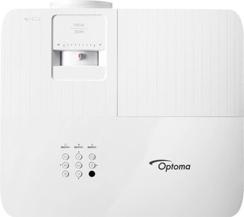 Proyector Optoma UHD35 blanco, vista frontal, con zoom, enfoque y botones de control