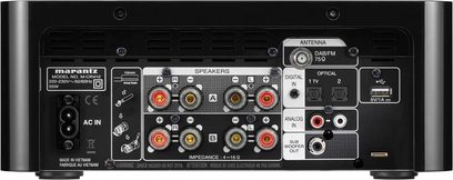 Système haute-fidélité Marantz M-CR412 noir, vue arrière, connectique audio et antenne radio, boutons et molettes de réglage