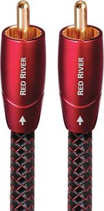 Twee Audioquest Red River RCA-kabels van 2 meter, rood en zwart, met vergulde connectoren en zwarte gevlochten mantel