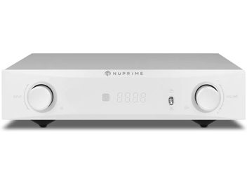 Integrovaný stereo hi-fi zesilovač Nuprime IA-9X stříbrný, pohled zepředu, kruhové tlačítka vlevo a vpravo, centrální digitální displej
