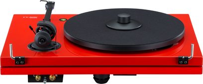 Rød Music Hall MMF 5.3 LE pladespiller med tonarm, mat sort pladedrev og kontrolknap, set oppefra