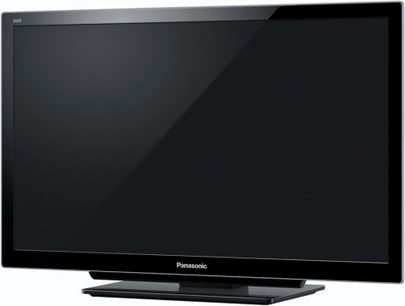 Panasonic TX-L32DT30 sort fladskærms-TV, sort, set forfra, slukket, placeret på et stativ