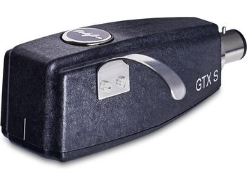 Картридж для вінілової платівки Hi-Fi SPU GTX S, прямокутний чорний корпус, сріблясте кругле лого, вигнутий металевий важіль, задній роз'єм