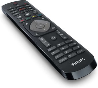 Sort Philips fjernbetjening med numeriske knapper, navigations- og kontrolknapper, set forfra
