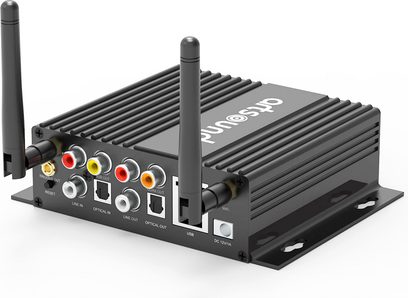 Nätverksljudspelare ArtSound Smart Stream, bakre vy, 2 svarta antenner, 8 RCA-portar, 2 optiska portar, 1 USB-port, 1 DC 12V/1A-port