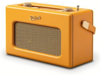 Radio Roberts Revival iStream 3L sarı, tahıl desenli deri, üç çeyrek ön görünüm, altın renkli metal hoparlör ızgarası, iki üst bej düğme, teleskopik anten ve altın kaplamalı yan tutacak