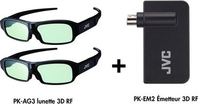 To par sorte JVC 3D-briller "PK-AG3" og "PK-EM2", samt en sort JVC 3D-sender "PK-EM2"