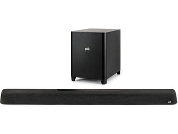 Barra de som Polk Audio MagniFi Max AX preta, subwoofer texturizado, 4 pés, em fundo branco, vista frontal