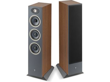 Diffusori da pavimento Focal Theva N°2 in noce, pannello frontale grigio scuro, 3 altoparlanti, base inclinata