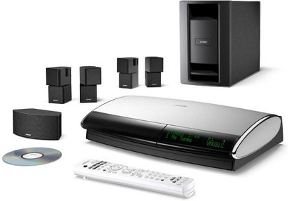 Sistema home theater Bose Lifestyle 48 composto da un lettore DVD, 5 diffusori satellitari neri e un subwoofer