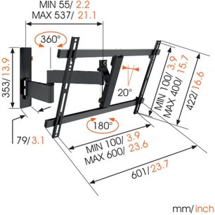 Vægmonteret TV med drejelig og vippefunktion. Minimale og maksimale dimensioner i mm og grader. Teknisk diagram med målestoksforhold