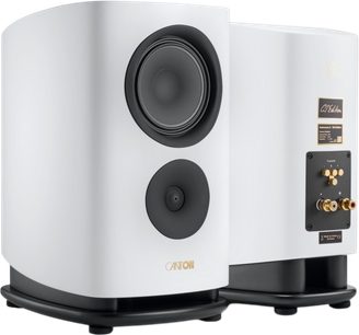 Pair of Canton Reference 9 GS bookshelf speakers in matte white, front and rear view with black drivers and gold binding posts