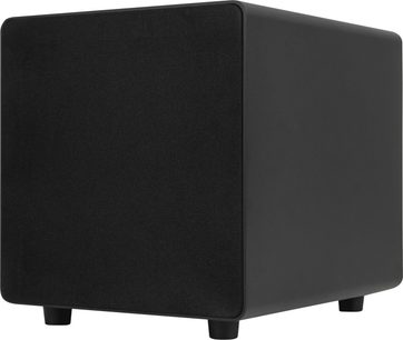Sonance D8 sort subwoofer, kubisk form, synlig front og sideoverflade, mat sort tekstureret finish
