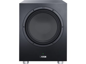 Subwoofer Canton Power Sub 12 S2 černý, pohled zepředu, centrální kulatý reproduktor a stříbrné nožky