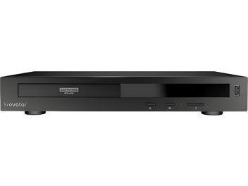 Player Blu-ray 4K Krovatar KBU-300 negru, văzut din față, cu sertar pentru disc, butoane și port USB pe panoul frontal