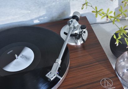 Giradischi Audio Technica AT-LPW50BTRW nero, vista dall'alto, braccio di lettura con testina, piatto in alluminio, pianta verde