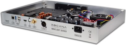 ROCKNA Wavelight Server network audio player, silver, top view, front panel with connectors and internal components visible