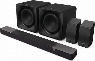 Soundbar Klipsch Flexus Core 300 nera con due subwoofer Sub 200 e due diffusori surround Surr 200