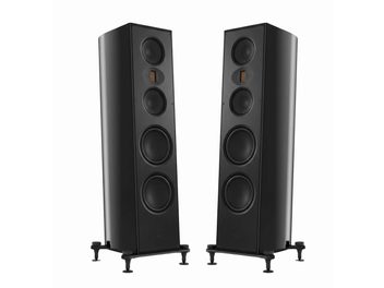 Paire d’enceintes colonnes T+A Solitaire S430 noires, vues de trois quarts, avec haut-parleurs apparents et pieds