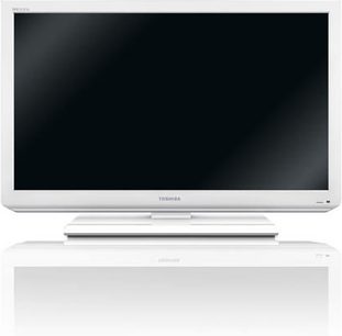Toshiba 42HL834 højdefinitions-fladskærms-TV, sort skærm slukket, hvid base, set forfra