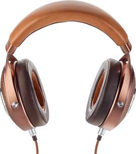 Lukket hi-fi hovedtelefon Focal Stellia, omkringliggende, brun læder og kobbermetalfinish, polstret hovedbøjle, set forfra