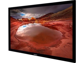Lumene Movie Palace UHD 4K/8K platinum 300C-skærm, der viser et rødt-orange klippelandskab med en sø, der spejler den skydækkede himmel