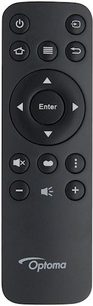 Sort Optoma UHD52ALV fjernbetjening med 16 runde knapper og en central firkantet "Enter"-knap, set forfra