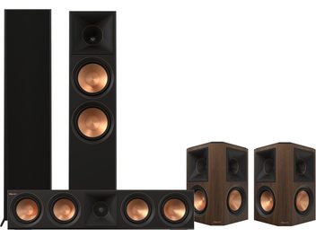 RP-8060FA II 5.0 Walnut Pack: 2 floor-standing speakers with black grilles and copper woofers, 1 center speaker, 2 surround speakers