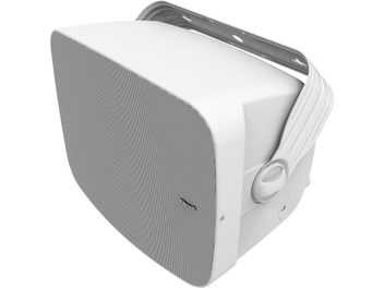 Altavoz de exterior Klipsch PSM-800-SW blanco con rejilla frontal perforada y soporte de pared orientable