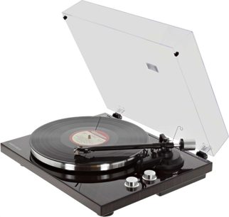 Hi-fi pladespiller Enova HIFI Vision 4 USB, mørk valnød finish, metalplade, sort tonearm, gennemsigtigt låg
