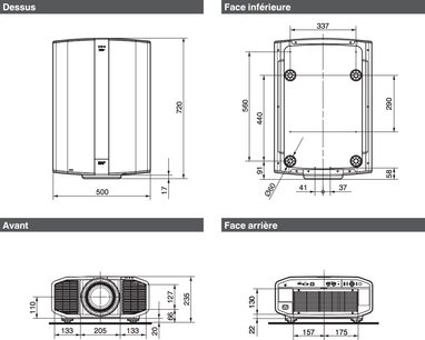 JVC DLA-Z1 sort projektor, set ovenfra, nedefra, forfra og bagfra, med dimensioner i millimeter