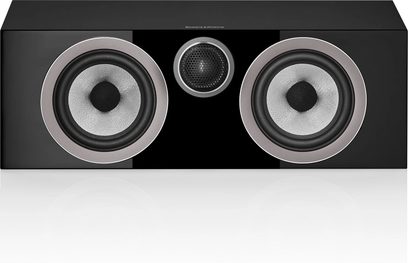 Центральна акустична система Bowers & Wilkins HTM72 S3 чорного лакованого кольору, вид спереду, 2 круглих сріблястих динаміки, центральний твітер