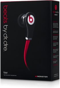Cuffie Monster Beats Tour nere e rosse, vista laterale sinistra sulla confezione nera con specifiche tecniche
