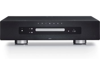 Primare DD35 black CD player, front view, black faceplate with digital display and silver control buttons