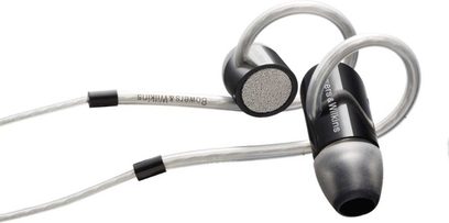 Otevřená hifi sluchátka Bowers & Wilkins C5 šedá a černá, pohled zleva, bílý kabel, černé špunty do uší