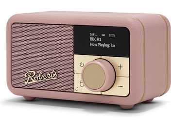 Roberts Revival Petite 2 pink smart speaker, grained faux leather, perforated grille, front display and knob, angled view