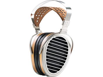 Fones de ouvido hi-fi abertos Hifiman HE1000 V2, com auriculares redondos de madeira e metal, e arco acolchoado de couro prateado