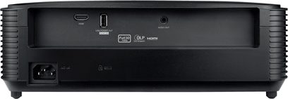 Optoma HD28e sort videoprojektor, bagside, HDMI-, USB-, audio out-stik, strømstik, kontrolknapper