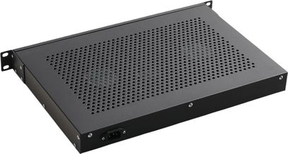 Piattaforma di ventilazione con 2 ventole, chassis rettangolare nero perforato sulla parte superiore, connettore visibile sul retro